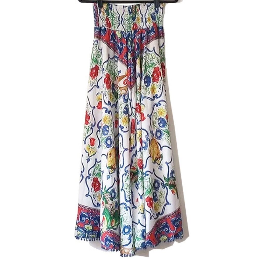 Super-Wide Palazzo Pants OS S/M Smocked Waist Cabana Pom Pom Fringe